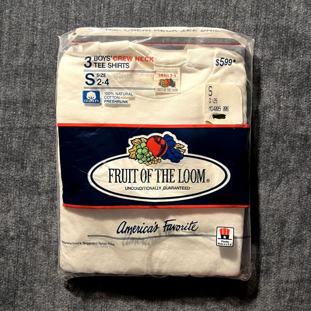 Vintage Fruit of the Loom Boys Crewneck White T-Shirts Size S 2-4 NOS 1989